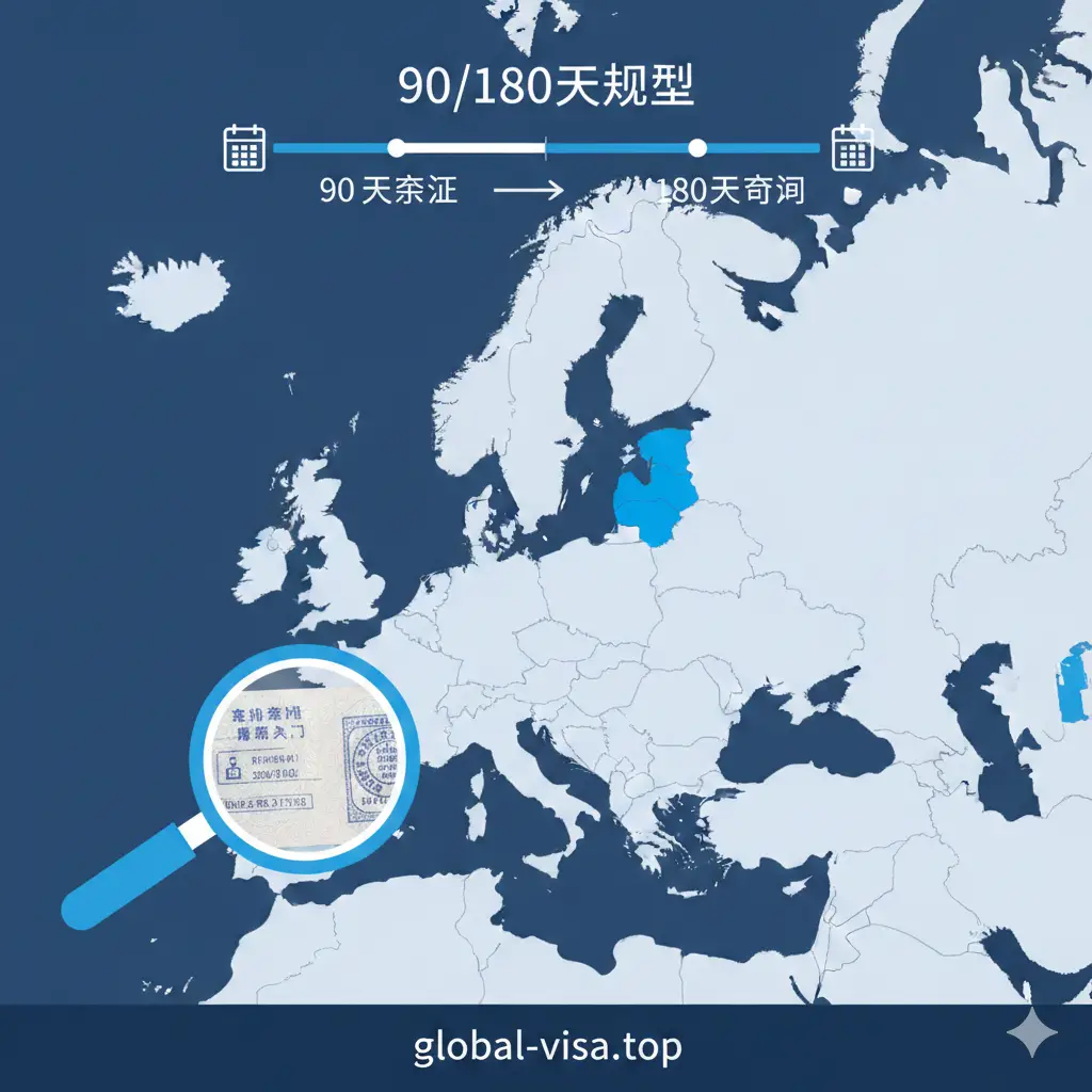 一张专业的信息图表风格图片，展示欧洲申根区的地图，其中冰岛被高亮显示。地图上方叠加了一个时间轴或日历图形，直观演示‘90/180天规则’的计算方式。画面中包含一个放大镜元素，聚焦在护照的入境章上，配色采用专业的商务蓝与白色，旨在帮助用户理解复杂的停留时间限制，体现global-visa.top的专业性。