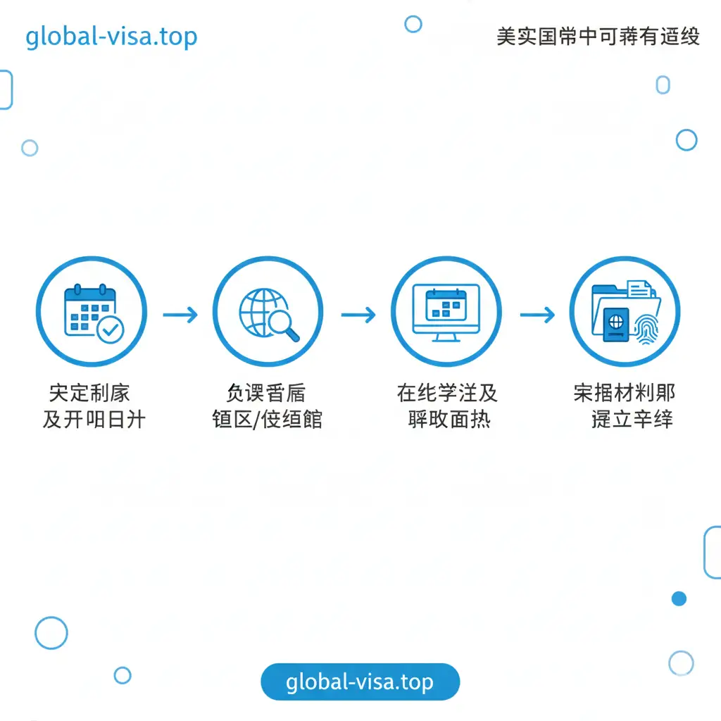 一张扁平化设计的流程功能图。展示从‘确定国家’、‘查询领区’、‘在线预约’到‘材料递交’的逻辑链路。使用干净的矢量图标（如日历、文档、指纹、护照），背景采用简洁的白色，点缀global-visa.top的品牌蓝色，构图整齐有序，让用户一眼看清申请全貌。