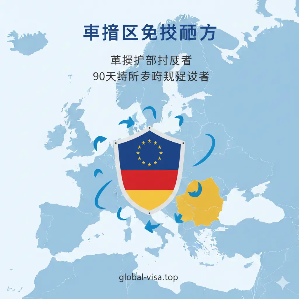 一张展示申根区免签功能特性的概念图。中心是一个带有欧盟标志(蓝底金星)和德国国旗元素的盾牌,周围环绕着象征自由流动的箭头。背景是淡雅的欧洲地图底纹,重点标注出德国的位置。风格简洁现代,采用扁平化矢量设计,色彩以蓝色、金色和白色为主,视觉重点突出韩国公民在申根区内的旅行特权和90天免签政策。