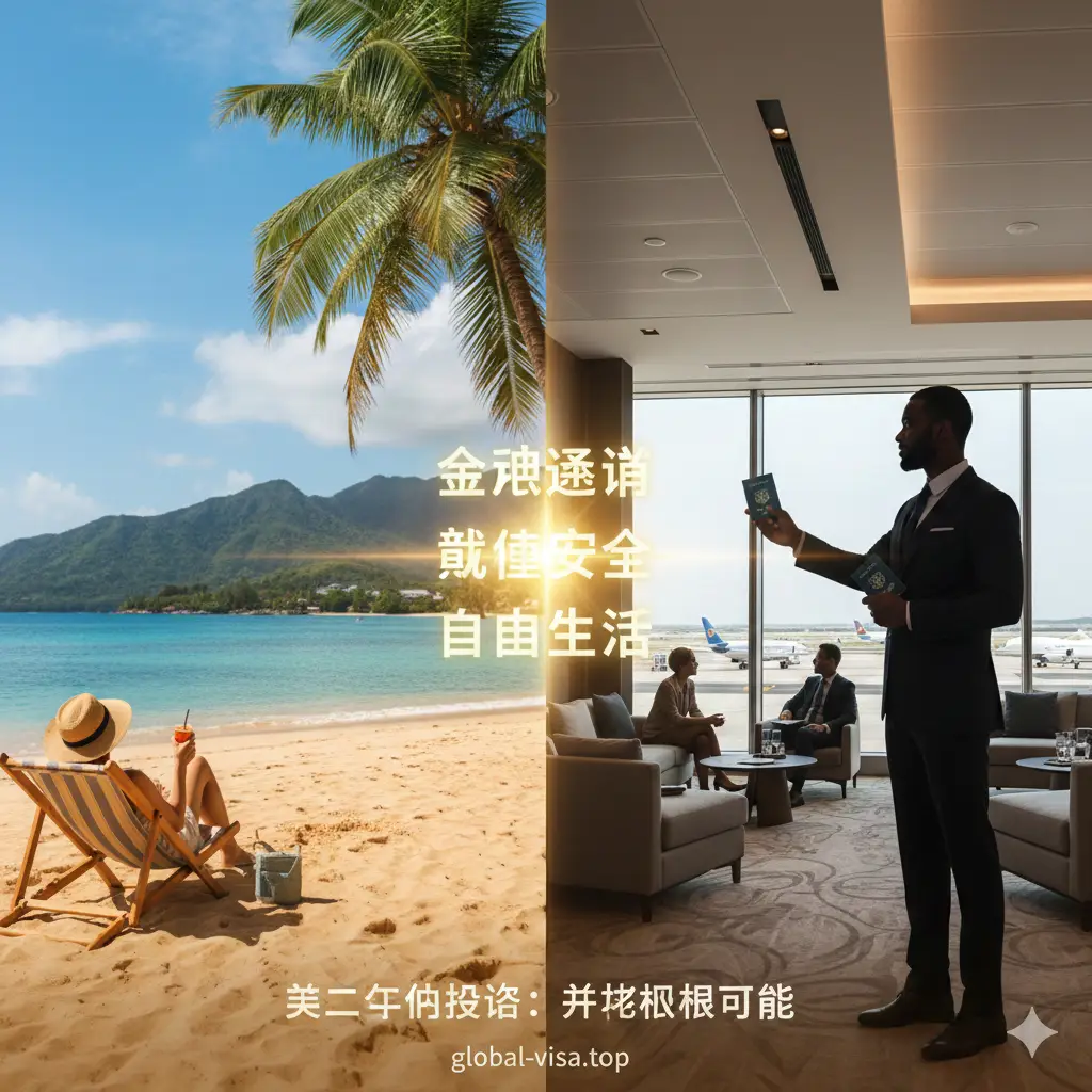 一张充满生活憧憬与高端商务感的图片，展示‘投资入籍’的优势。画面采用分割构图或融合构图：一方面是马耳他的古老建筑或圣基茨的加勒比海滩美景，代表生活品质；另一方面是一位穿着西装的商务人士手持护照在机场贵宾室的剪影，代表商务出行便利。整体色调温暖明亮，传递出‘自由’、‘财富安全’和‘全球通行’的优越感，吸引高净值人群关注第二身份投资。