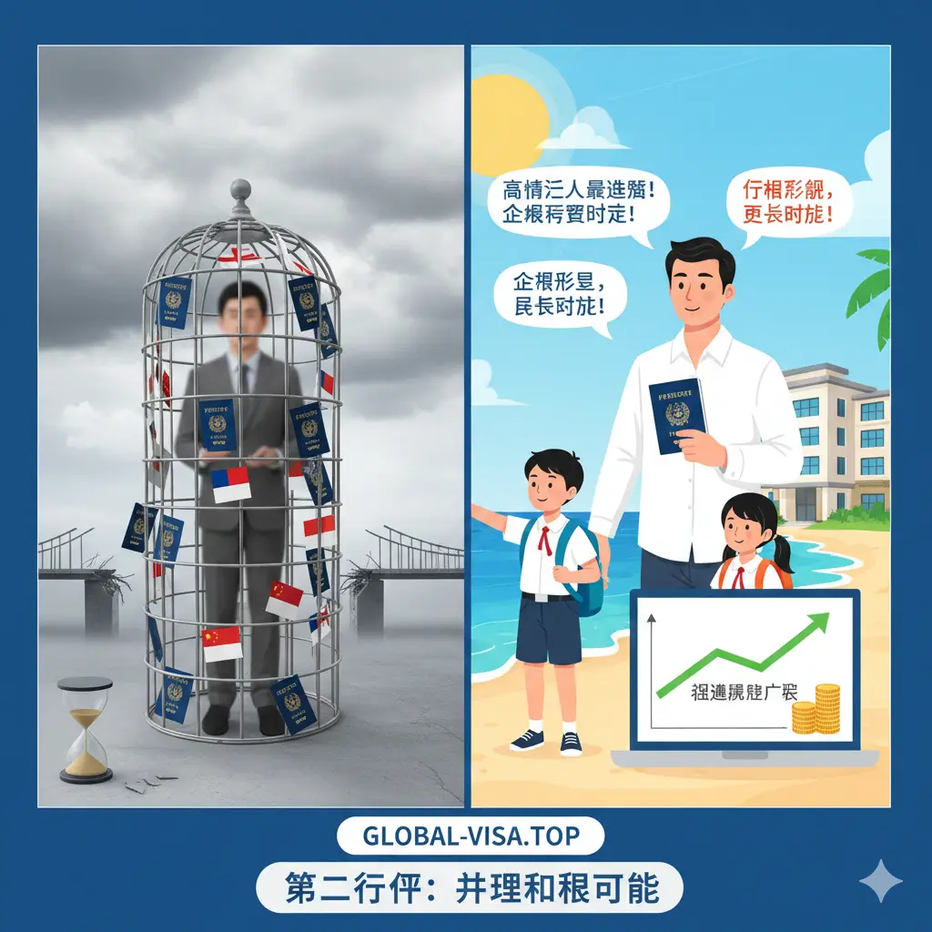 一张寓意深刻的比较优势图。左侧是单一身份的局限性示意图，右侧是配置了“第二身份”后的多元化生活场景，包括海滩度假、子女在国际学校上课、以及安全稳健的财富增长曲线图。使用分屏构图，色彩明快，充满希望感。视觉元素强调风险对冲和生活质量的提升，突出高净值人群配置第二身份的底层逻辑。