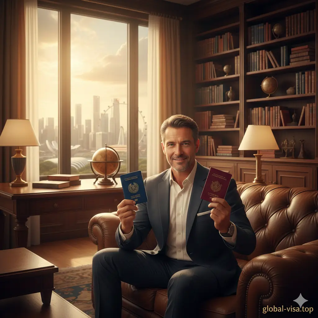 一张体现第二身份和资产规划优势的视觉图片。画面展现一位成功人士在充满阳光的高级私人图书馆或休息室，手中拿着两本不同颜色的护照。窗外背景是著名的全球城市天际线（如新加坡或迪拜）。风格奢华、稳重，采用温暖的色调，象征着安全、自由和多重身份带来的选择权，视觉重点在于‘身份升值’的优越感。