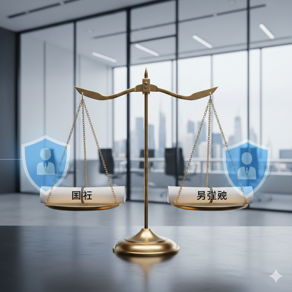 展示法律合规性与概念区分的特写图片。画面中出现一个金色的天平，一端放置着写有“Citizenship”（国籍）字样的文件，另一端是“Residency”（居留权）的文件，背景是现代化的律所办公室玻璃幕墙。画面通过清晰的焦点和干净的冷白色调，强调法律的严肃性与透明度，同时叠加隐约的盾牌图标，寓意身份隔离与法律保护，帮助用户直观理解双重国籍与第二本护照的区别及安全性。