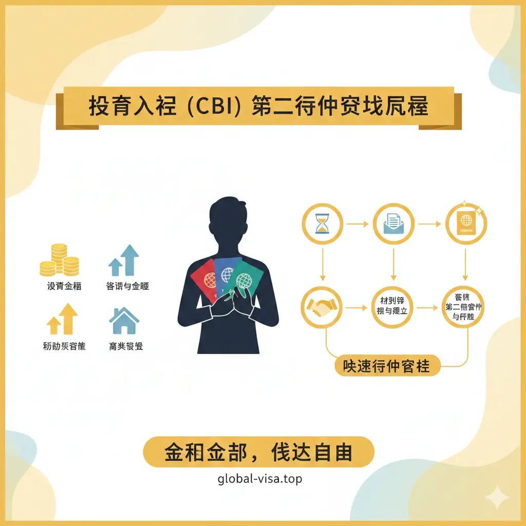 教程图，对应“投资入籍 (CBI)”和“第二身份”的获取流程。画面应是一个简洁的流程图或时间轴的抽象表达。元素包括一个手持多种护照的剪影人物，旁边是代表“投资”（如金币、房产符号） and “流程”（箭头、步骤符号）。色彩温暖、积极，暗示通过投资实现快速身份配置和全球布局，引导用户咨询。