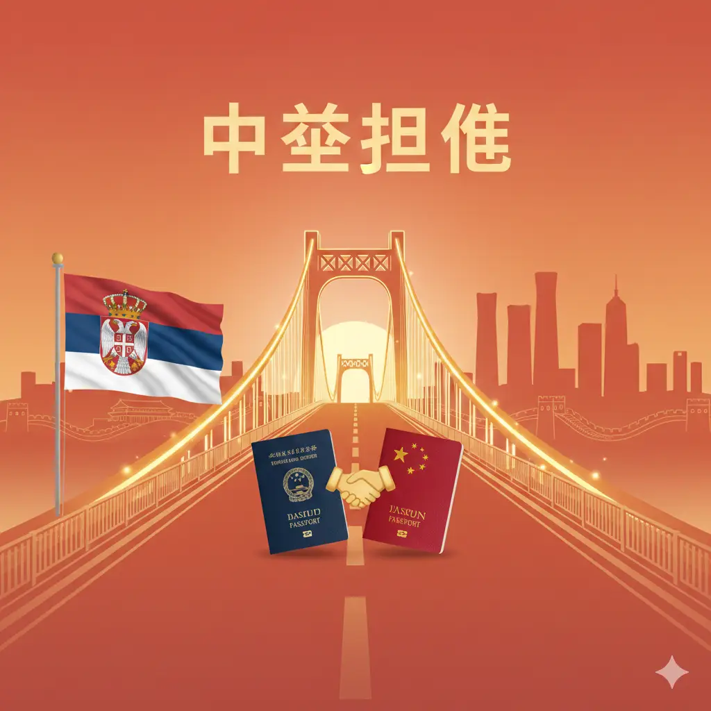 强调‘中塞互免’独特优势的创意图。画面中心是一个连接东西方的金色桥梁,桥的一端是塞尔维亚国旗元素,另一端是中国的长城或现代摩天大楼。两本护照(塞尔维亚护照与中国护照)并排放置,中间有一个握手的标志或连接符号。色调采用温暖的橙红色系,象征友谊与商务往来的便利,构图平衡且具有强烈的视觉冲击力。