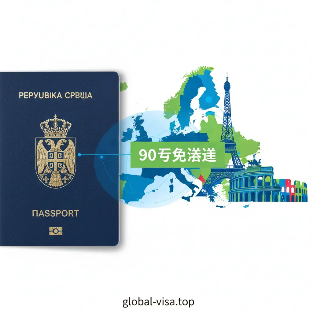 一张展示塞尔维亚护照在欧洲通行能力的视觉图片。画面采用分屏或层叠设计,左侧是塞尔维亚护照局部,右侧是一系列欧洲标志性建筑的拼贴,如埃菲尔铁塔、罗马斗兽场和勃兰登堡门。中间穿穿插着申根区地图的蓝色线条,并有绿色的‘90 Days Visa-Free’标签。风格清爽、现代,利用高饱和度的色彩强调‘畅行无阻’的功能特性。