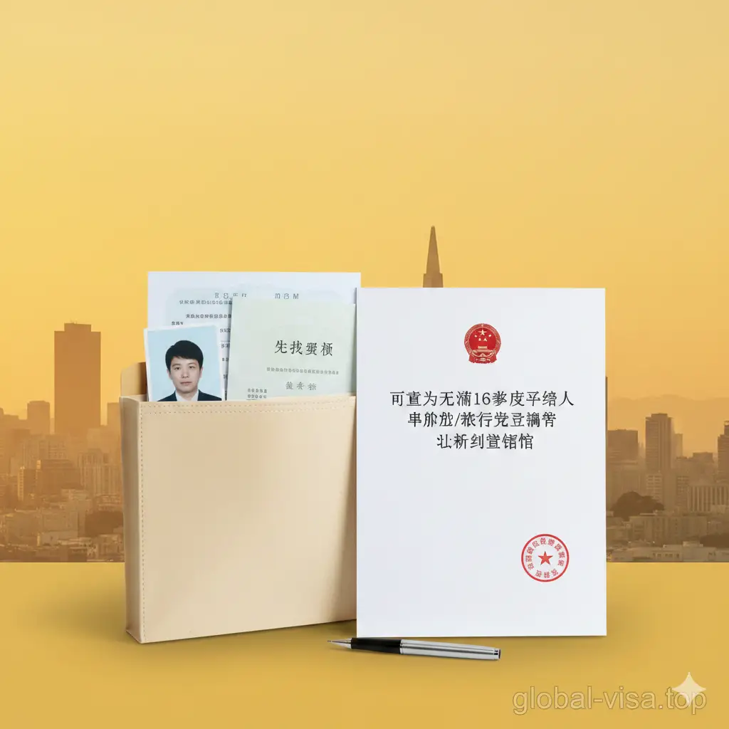 总结性视觉图片。画面展现一个整洁的文件袋，里面整齐摆放着护照照片、出生纸复印件和已盖章的声明书。背景是旧金山城市天际线的一抹余晖，寓意任务圆满完成。构图简洁有力，色彩偏向暖黄色，传递出安心与成功的氛围。图片底部边缘带有淡淡的global-visa.top品牌水印，引导用户进行下一步的证件申办操作。