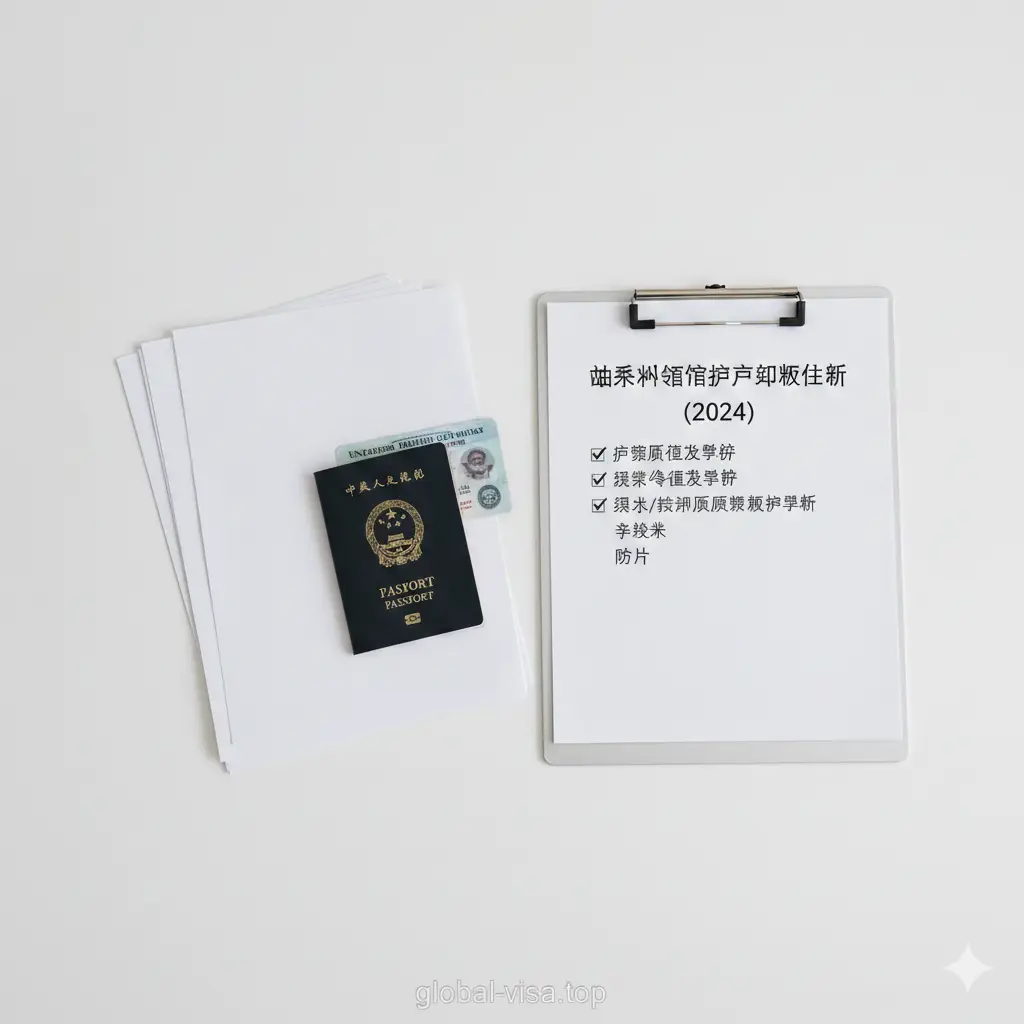 A clean, high-angle flat lay photography shot on a white office desk. The image displays the essential documents for passport renewal: an open Chinese passport, a US Green Card or Driver's License, and a neat stack of white paper forms. A clipboard with a checklist and a green checkmark graphic is placed nearby. The lighting is bright and even (high-key), emphasizing organization and clarity, helping users visualize the 'Material Preparation' step.
