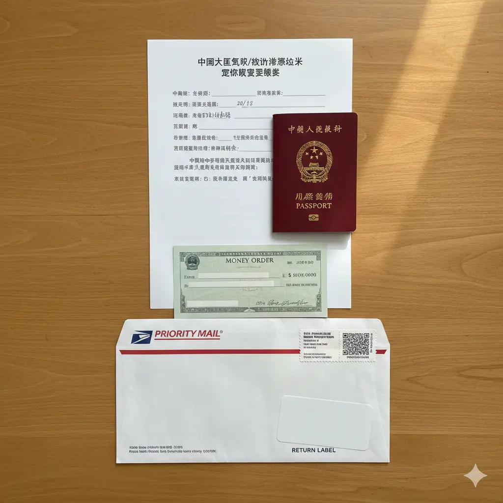 一张整洁的桌面平铺（Flat lay）摄影风格图片，展示旧金山护照换发邮寄所需的所有物品清单。木质桌面上整齐摆放着：填写完整的确认声明书、一本旧的中国护照、一张Money Order支票、以及一个贴好邮票的USPS Priority Mail回邮信封。光线柔和自然，构图平衡，作为文章结尾的视觉清单，帮助用户最后核对所有实物材料是否齐全。