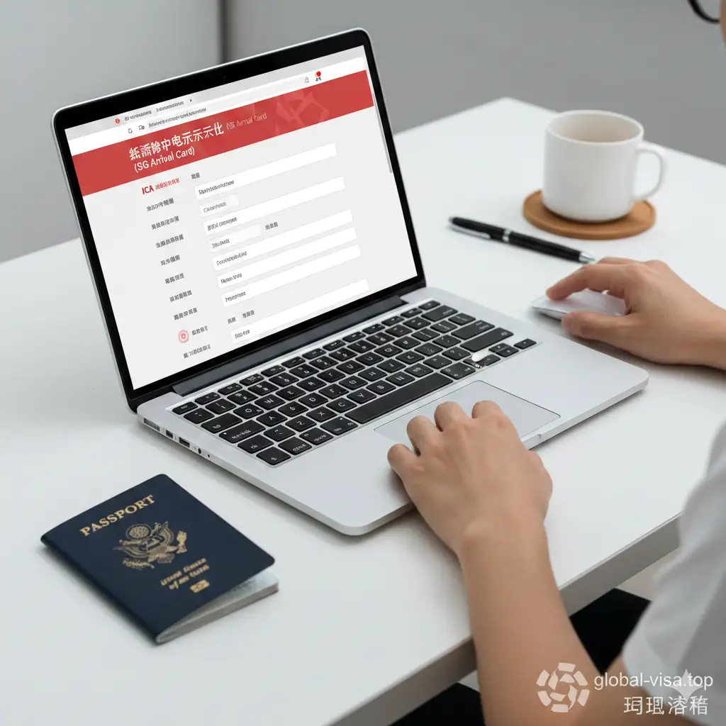 一张现代化的实操教程场景图,展示用户正在通过智能手机或笔记本电脑填写新加坡电子入境卡(SG Arrival Card)。屏幕上清晰可见ICA官方网站的表单界面(红白色调),旁边放置着打开的美国护照以便核对信息。构图采用过肩视角或侧拍视角,强调数字化填写的便捷性与必要性,背景干净整洁,适合作为填写指南的配图。