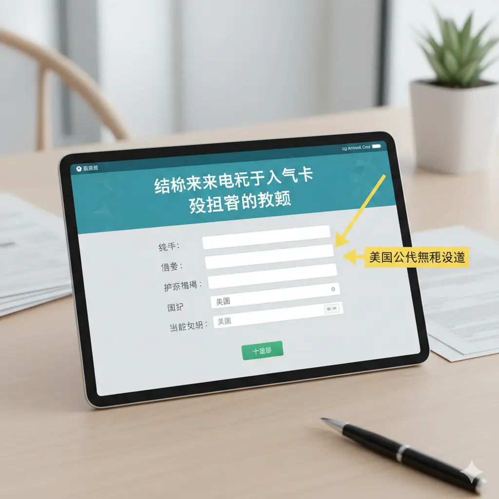 一张详细的步骤教程图。画面中央是一个平板电脑，屏幕上正在模拟演示新加坡电子入境卡（SG Arrival Card）的中文辅助申报界面，展示出清晰的个人信息填写栏目，如姓名、护照号等。背景是柔和的办公桌环境，旁边放着一支笔。图片中包含几个指向关键填写区域的黄色提示箭头，构图紧凑，旨在通过视觉引导降低读者的理解成本。