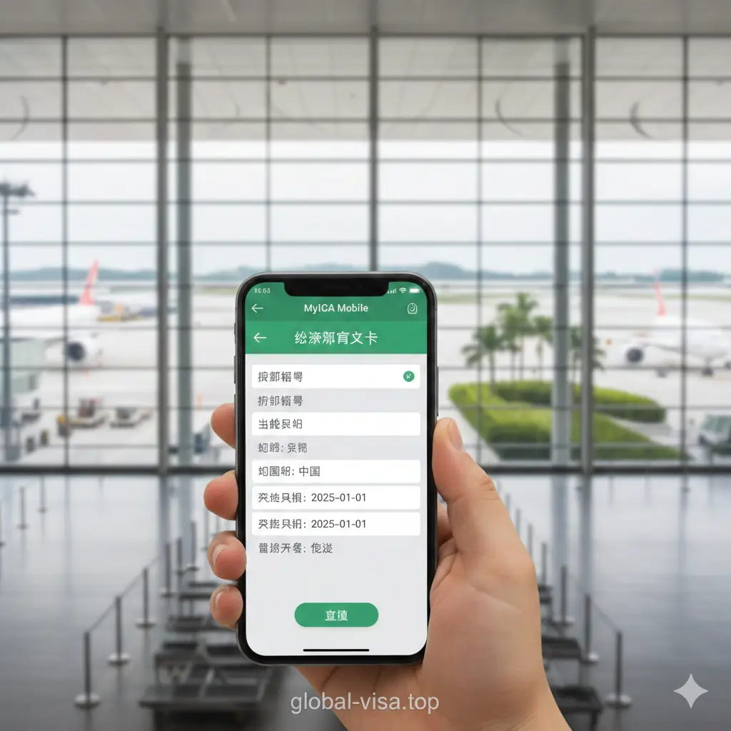 模拟实操场景的教程图片。画面展示一只手正在智能手机上操作新加坡MyICA Mobile应用界面，背景是樟宜机场明亮的候机厅。屏幕上清晰显示着SG Arrival Card的填写表单部分。采用浅景深虚化背景，强调操作细节，色调明亮清新，给人以‘流程简单、极易上手’的视觉引导。