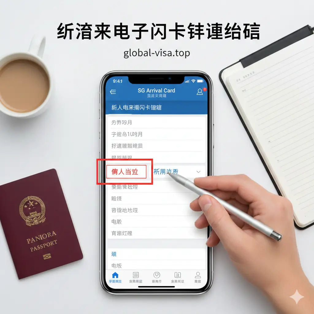 一张模拟手机屏幕的操作教程图。画面展示新加坡SG Arrival Card（SGAC）的填写界面，关键字段如‘Individual Submission’和‘Foreign Visitor’被醒目的红色方框标注。旁边配有一只手拿着电容笔正在操作的特写，背景是简洁的办公桌面。色彩以新加坡政府官网的蓝色和白色为主调，清晰、直观地向用户展示如何正确提交电子入境卡。