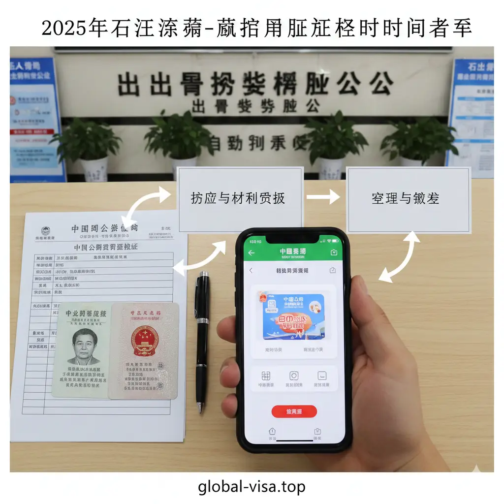 一张分步骤的教程指导图片。画面展示一只手拿着智能手机，屏幕显示‘国家移民管理局’小程序界面，背景是藁城出入境大厅的指示牌和准备好的身份证、申请表等材料。采用俯拍视角（Flat Lay），光线明亮柔和，桌面整洁。加入一些指示性的箭头小元素，引导用户了解从预约、拍照到受理的流程，风格具有极强的实操参考价值。