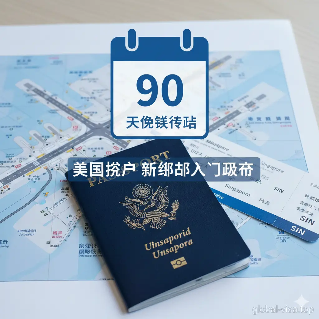 专注于展示新加坡入境政策特权的特写图片。画面中展示一本美国护照放置在新加坡樟宜机场风格的柜台或地图上,旁边有一张飞往新加坡的登机牌。视觉上可以添加一个半透明的日历图形或简单的图表元素,高亮显示“90 Days”字样,以直观传达美国护照持有者享受90天免签停留的政策优势。风格商务且严谨,强调政策的官方性和准确性。