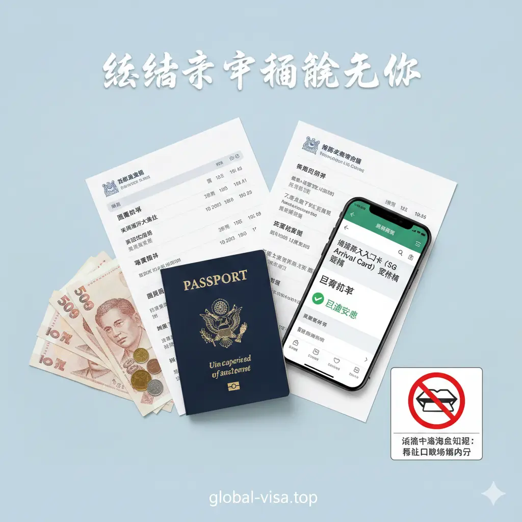 精心布置的旅行准备平铺图(Flat lay),展示入境新加坡的必备材料清单。画面包含:美国护照、打印好的SGAC确认邮件截图、回程机票行程单、以及少量的新币现金。同时在角落微妙地放置一个带有红色禁止符号的口香糖图标或简单的海关检查元素,隐喻海关合规的重要性。图片风格井井有条,色彩清爽,传达出“准备充分,通关无忧”的优势信息。