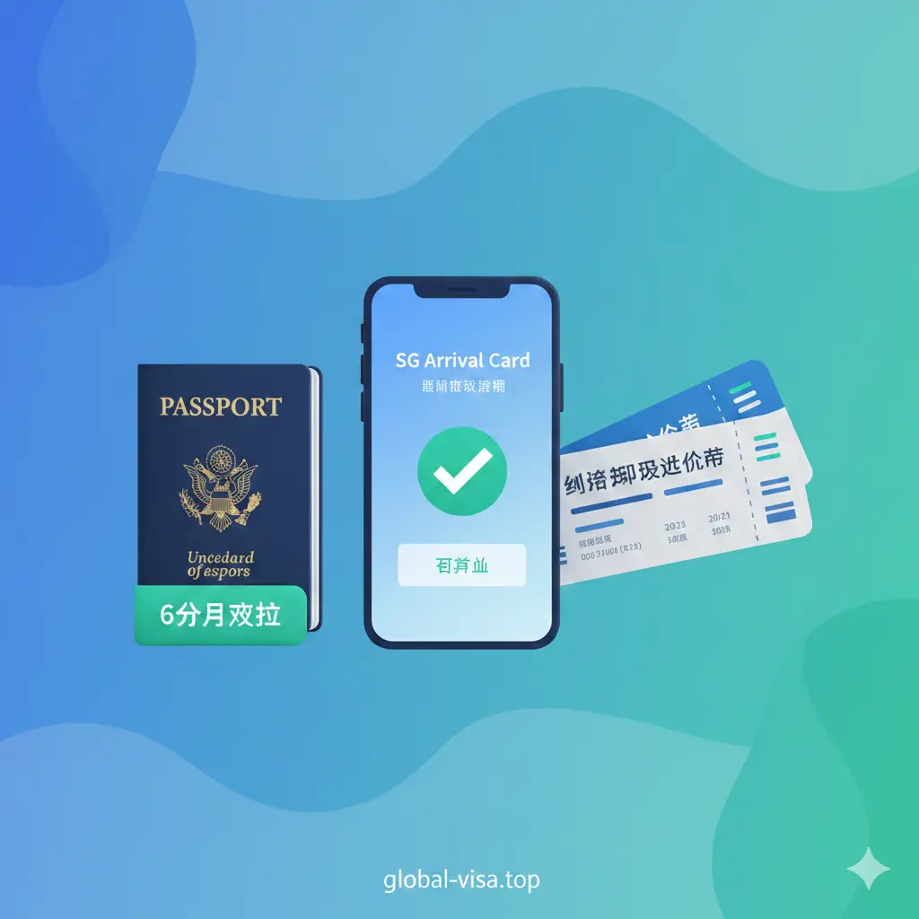 展示入境硬性要求的功能性插图。画面采用3D矢量图标风格，包含三个核心视觉元素：一本带有金色徽标的美国护照且标注着‘6个月有效期’、一个带有勾选标记的智能手机屏幕显示‘SG Arrival Card’已提交、以及一张通往新加坡的往返机票。配色方案使用品牌关联的蓝色和翠绿色，构图均衡，传达出合规与秩序感。