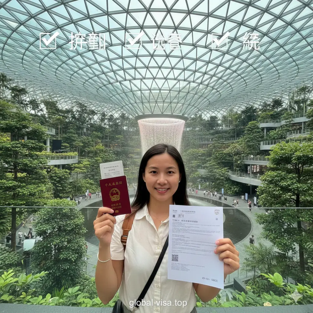 一张温馨的旅行总结图。画面展示一名游客在新加坡樟宜机场或街头，手中拿着打印好的A4纸电子签证和中国护照，脸上带着自信的微笑。背景是翠绿的植物建筑（如星耀樟宜）。画面上方有简洁的清单打钩符号，涵盖了护照、签证、机票等关键要素。色调自然清新，构图平衡，给人以‘万事俱备，无忧出发’的心理暗示。