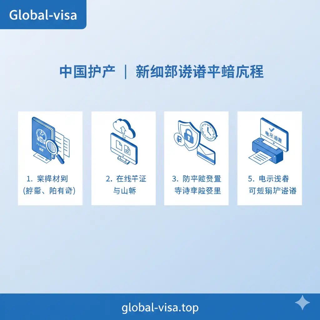 一张清晰的5步骤流程示意图。采用等距视角（Isometric）设计，从准备护照、在线上传材料到最终下载打印电子签证的逻辑顺序。画面色调统一为Global-Visa品牌的专业蓝与白色。每个步骤配有简洁的图形：如放大镜审查文件、云端上传图标、成功打勾的确认函。整体布局直观易懂，方便用户快速理解申请全流程。