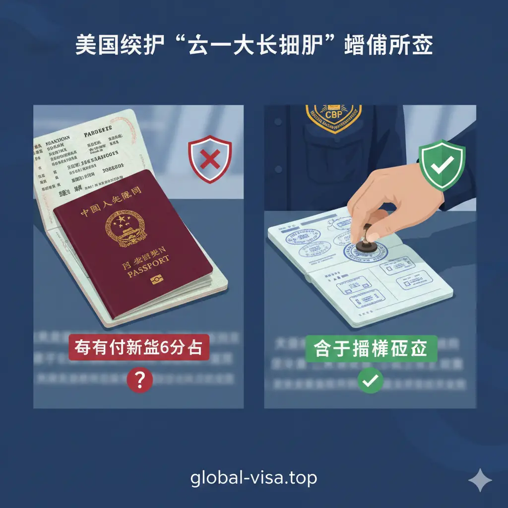 一张展示‘六个月俱乐部’豁免政策的功能示意图。画面采用分屏对比设计：左侧显示一本有效期较短的护照，右侧显示CBP海关官员的盖章动作。背景中隐约可见‘Six-Month Club’的字样。使用矢量插画风格结合写实元素，色调以稳重的蓝色和代表信任的绿色为主，清晰传达出政策豁免的核心功能信息。