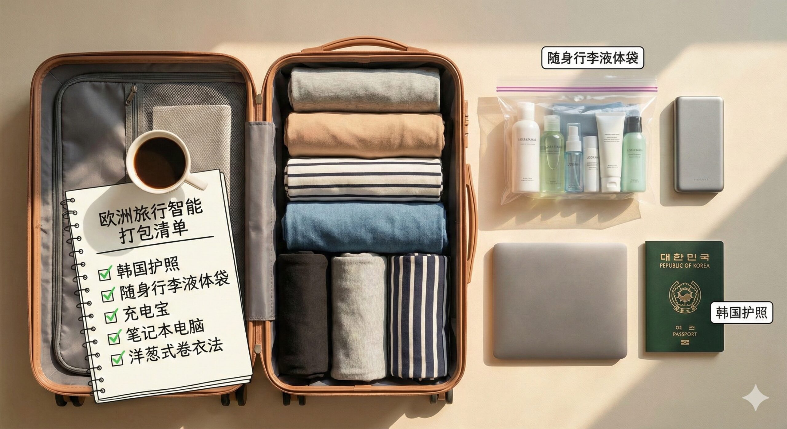 一张俯拍的平铺图（Flat-lay），展示整理完毕、准备出发的行李状态。画面中心是一个打开的登机箱，内部衣物整齐排列，旁边单独放置着笔记本电脑、装好的液体袋、充电宝和一本韩国护照。