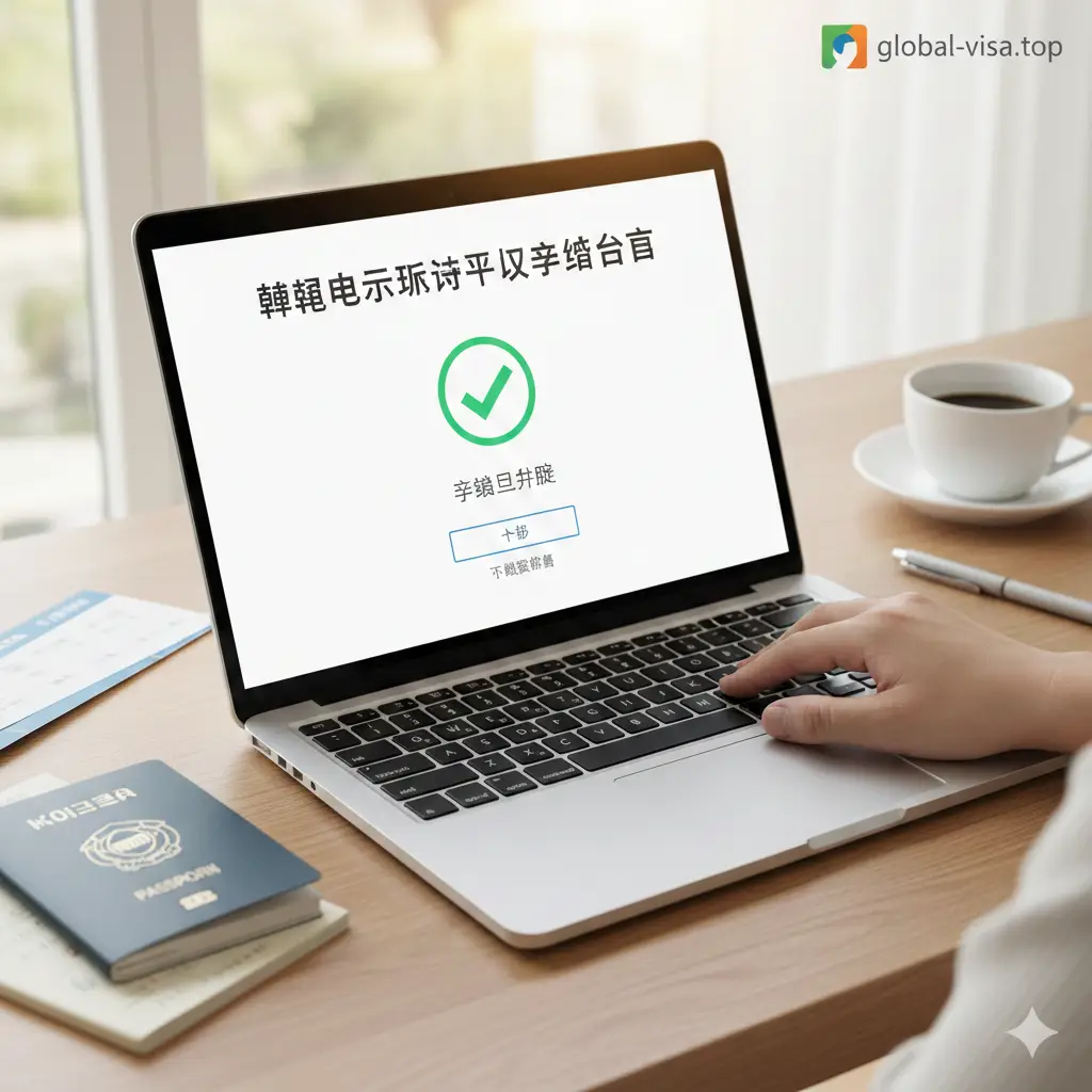 一张关于电子旅行授权(ETA)申请流程的教程示意图。画面展示一只手正在平板电脑或笔记本电脑屏幕上操作,屏幕显示模拟的ESTA或ETIAS在线申请界面,带有绿色的‘已批准’对勾图标。背景是温馨的旅行规划场景,如护照、机票和咖啡。风格亲切且实用,使用柔和的自然光,旨在引导读者理解预先申报的操作步骤。
