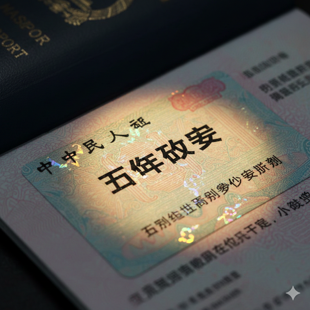 A detailed macro shot focusing on an open passport page displaying a South Korean visa sticker. The visa clearly features text elements suggesting 'Multiple Entry' or '5 Years' to highlight the long-term visa benefit.