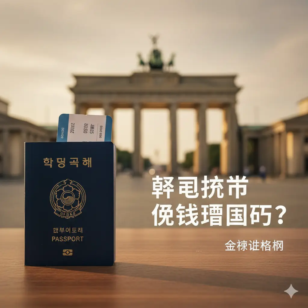 一张高品质的文章封面图,画面左侧近景是一本深蓝色的韩国护照清晰特写,放置在木质桌面上。背景是模糊处理的德国柏林勃兰登堡门宏伟建筑。整体色调温暖且具有国际商务感,光线从侧面打入,营造出一种即刻出发旅行的氛围。构图采用黄金分割比例,留出一定的空白区域用于后期添加标题文字,风格专业且大气。
