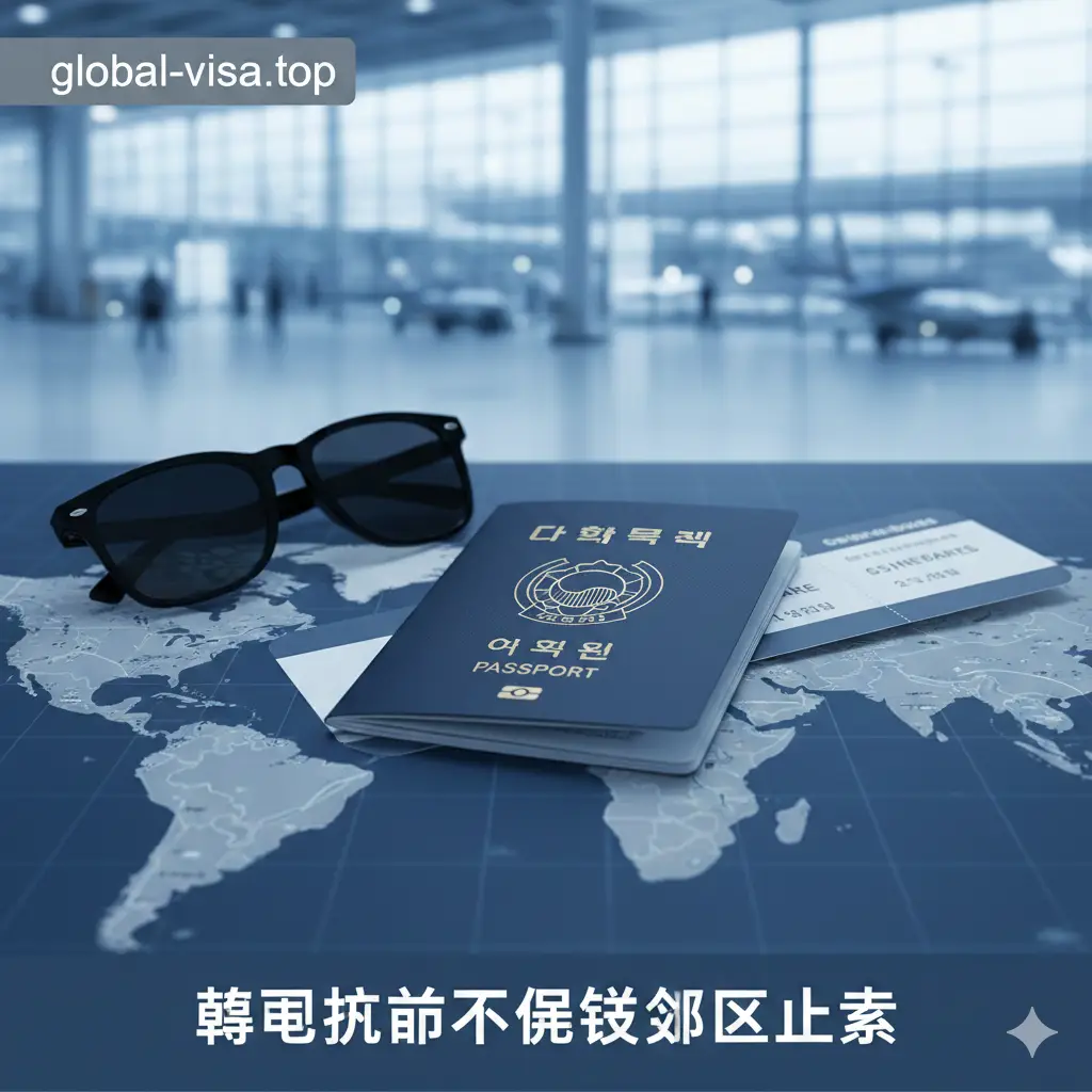 一张高质量的商务旅行风格封面图。画面中心是一本深蓝色的韩国护照，放置在干净的白色大理石桌面或世界地图底纹上。护照旁边放着一副墨镜和一张登机牌。背景采用柔和的焦外成像效果，展示机场航站楼的明亮灯光，色调以科技蓝和高级灰为主，构图简洁大气，突显韩国护照的权威感与旅行准备的紧迫感。