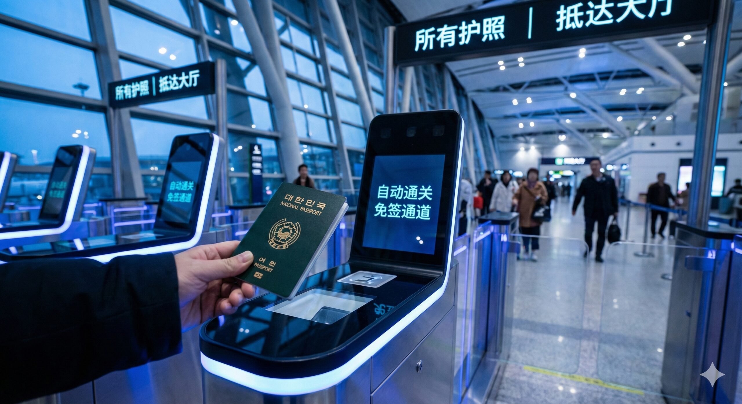 展示韩国护照持有者在欧洲机场享受便利的场景。画面展示一名旅客手持韩国护照，正准备通过现代化的电子通关闸机（e-gate）或走在标有'Visa Free'或'All Passports'的快速通道上。