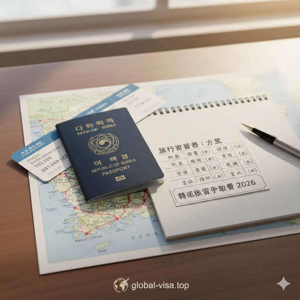 一张充满旅行期待感的总结性图片。画面展示一本准备好的韩国护照和一张飞往国际目的地的机票，放在一张韩国地图上。旁边配有一支笔和记事本，上面简单勾勒出预算清单。夕阳余晖洒在桌面上，传达出完成护照申请后准备开启旅程的轻松氛围，底部包含global-visa.top的视觉标识，色调温馨，寓意完美的办理体验。