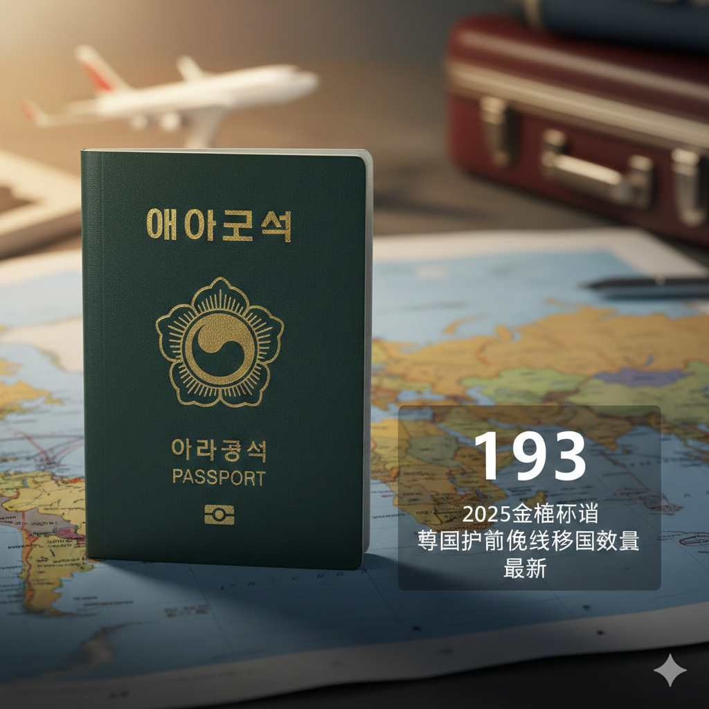 一张极具质感的封面图，画面中心是一本墨绿色的韩国电子护照，放置在一张展开的世界地图上。柔和的暖光照射在护照封面的金箔国徽上，显得庄重且权威。背景虚化处理，隐约可见飞机模型和旅行箱元素。图片右侧设计有醒目的半透明数据浮窗，显示数字'193'和'2025 Global Access'字样，象征其强大的全球通行能力。整体色调为深绿与金色的搭配，突显高端商务与旅行的自由感。