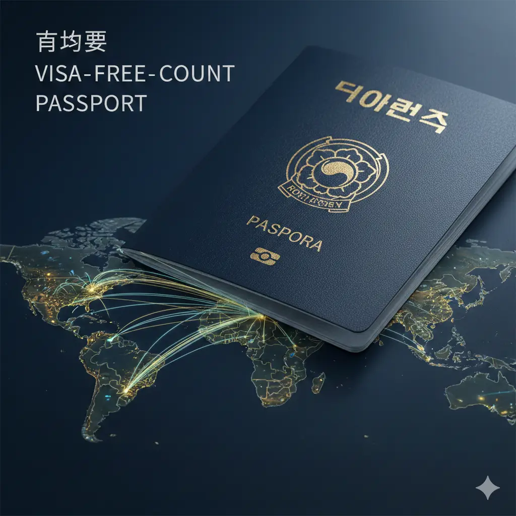 一张极具现代感和权威感的封面图。画面中心是一本精致的韩国护照(深蓝色封面,金色国徽),放置在亮丽的全球航线地图背景上。背景采用深蓝色调,航线以发光的线条连接全球各大洲。构图采用微距俯拍视角,光影交错,突出护照的质感,上方预留留白空间以方便添加标题文字,整体风格高端、商务且国际化。