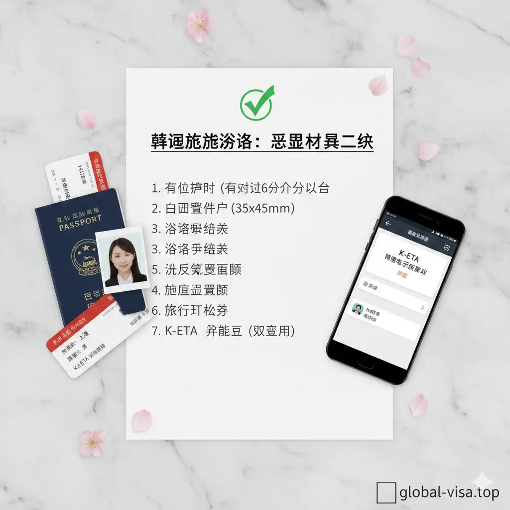 文章总结视觉图。画面呈现一个整理整齐的旅行清单,上面放着护照、符合规格的照片、登机牌和一部显示K-ETA批准页面的智能手机。背景是干净的浅灰色大理石纹路,周围点缀着几片樱花瓣。整体色调和谐统一,给人以‘准备万全、即刻出发’的轻松愉悦感,构图平铺直叙,简洁大方。
