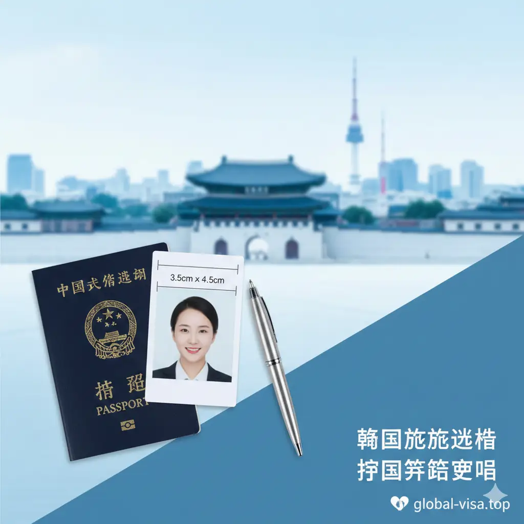 一张高质量的旅游视觉封面图。画面左侧是一本深蓝色的中国护照和一张符合3.5cm x 4.5cm规格的韩国签证照片,照片旁放着一支精致的钢笔。背景是模糊的韩国首尔景福宫和南山塔剪影。色调以清新的天蓝色和现代感十足的白色为主,构图采用对角线分布,整体氛围专业、严谨且富有旅行向往感。