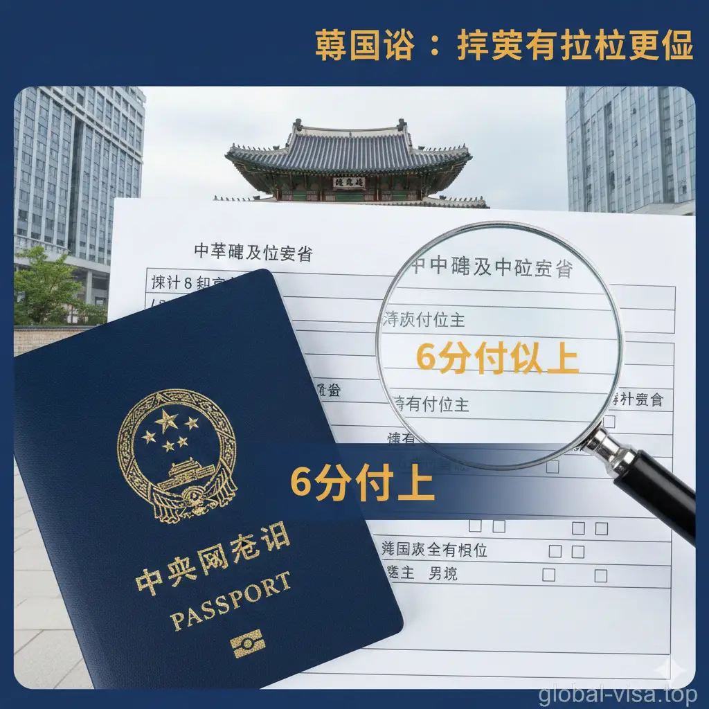 一张高质量的封面大图,画面中心是一本深蓝色的中国护照和一张韩国签证申请表,背景是首尔景福宫和现代摩天大楼的虚化结合,象征传统与现代的交汇。护照上方有一个醒目的放大镜指向‘有效期’一栏,并配有‘6 Months’的醒目金色字样。整体色调明亮、商务且专业,光影柔和,构图平衡,给人以权威、可靠的视觉感受。