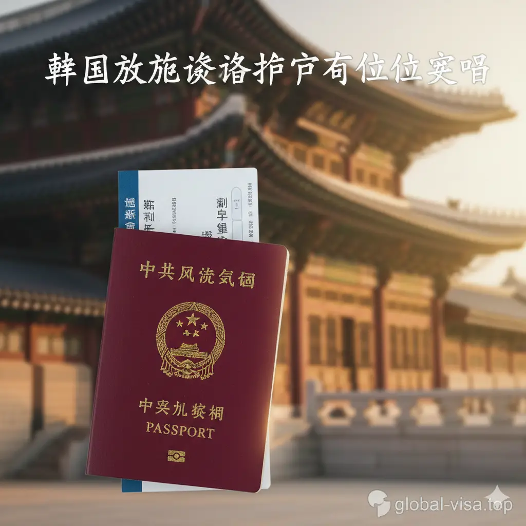 一张高质量的封面图。画面中心是一本深红色的中国护照和一张飞往首尔的机票，背景是模糊的韩国景福宫建筑。阳光从侧面照射，营造出一种即将出发的旅行氛围。图片上方带有醒目的文字‘韩国旅游签证护照有效期要求’，整体色彩明亮，采用暖色调，构图简洁大气，突显出签证办理的专业感。