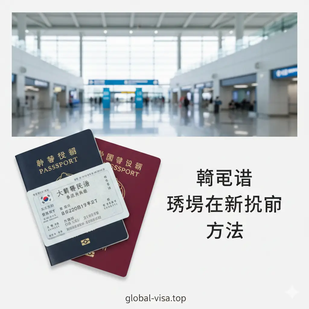 一张高质量的商务旅行风格封面图。画面左侧是一本深蓝色的旧护照和一本深红色的新护照叠放在一起，旧护照内页露出清晰的韩国签证贴纸。背景是模糊的仁川国际机场航站楼，色调明亮清新，以浅蓝色和白色为主。画面中央或侧边留有文字空白区域，整体视觉呈现出专业、高效的跨境旅行氛围，符合global-visa.top的官方站点风格。