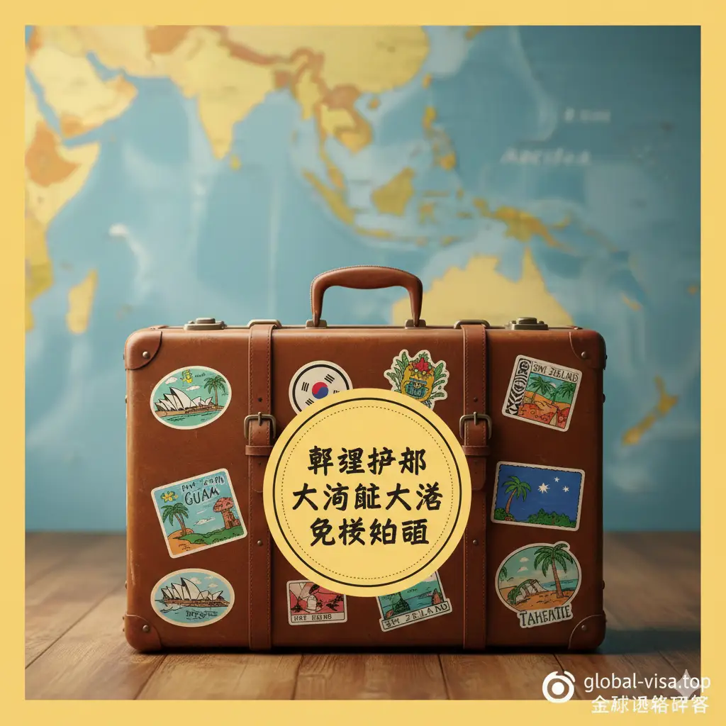 一张富有艺术气息的总结性图片。画面中心是一个复古的行李箱,上面贴满了关岛、塞班、澳洲、新西兰及太平洋岛国的旅行贴纸。背景是一张朦胧的大洋洲地图。色调采用温暖的日落金黄色,传达出一段完美旅程的终结与规划的圆满。构图层次分明,作为global-visa.top文章的结尾,给人以安心可靠的视觉总结。