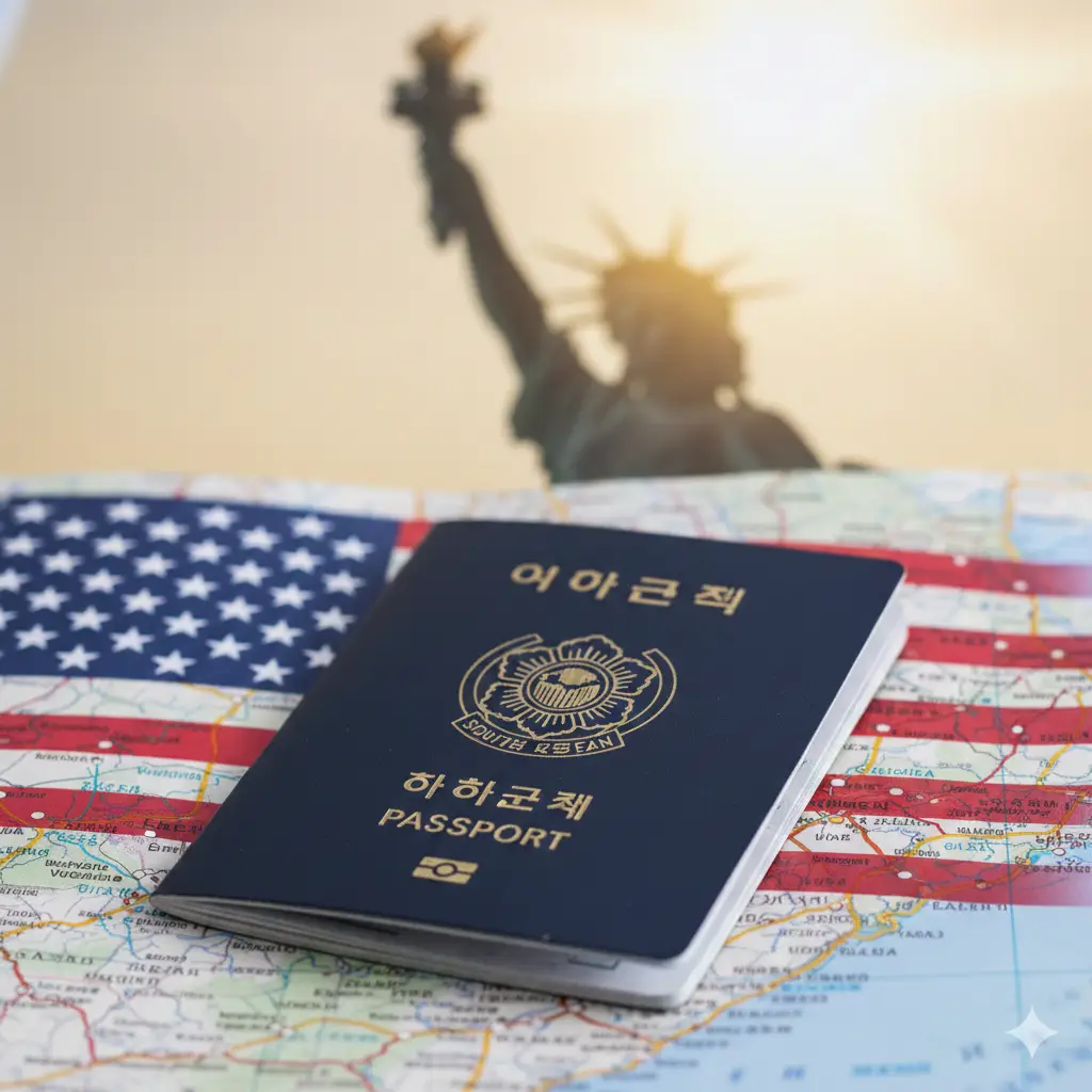 一张高质量的特写摄影图，焦点是一本深蓝色的韩国护照放在一张带有美国星条旗图案的旅行地图上。背景中模糊可见自由女神像的剪影。光影柔和，色调以海军蓝、白色和红色为主，整体氛围专业且具有权威性，适合作为文章封面，视觉中心预留文字排版空间，体现‘韩国护照去美国延期’的主题。
