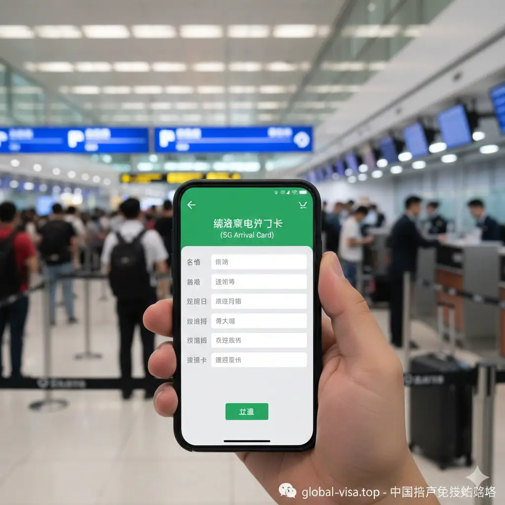 一张关于‘新马泰’免签入境流程的实景教学图片。画面展示一名游客手持智能手机，屏幕上显示着新加坡电子入境卡（SG Arrival Card）的界面，背景是繁忙但有序的樟宜机场或吉隆坡机场值机柜台。风格偏向纪实摄影，色调清新、通透，构图采用第一人称视角，强调‘手机在手，说走就走’的便捷感，并点出入境卡填写的关键步骤元素。
