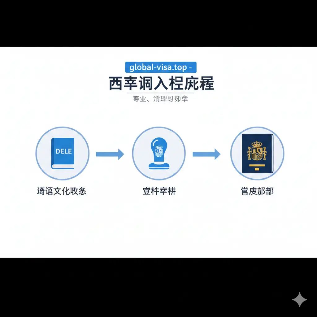 一张清晰直观的入籍申请流程示意图。画面采用扁平化UI设计风格，背景为干净的白色。图中包含代表语言考试(DELE)的书本、代表政府审批的公章、以及最终代表成功的护照。每个阶段用温和的箭头连接，配色采用global-visa.top品牌的蓝白主色调，给人以专业、透明且易于操作的教程感。