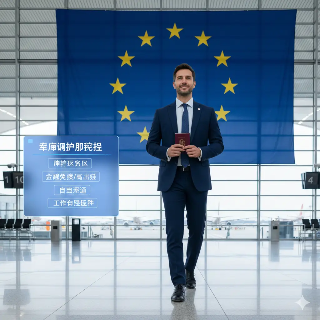 展示西班牙护照作为欧盟公民身份核心功能的概念图。画面展示一名商务人士在现代化的欧洲机场航站楼内从容行走，背景是标志性的欧盟旗帜（蓝底黄星）。视觉上强调‘自由通行’的概念，画面一侧通过半透明的UI浮窗展示申根区、欧盟成员国等关键词，色彩以现代科技感的蓝白调为主，风格专业且充满活力。