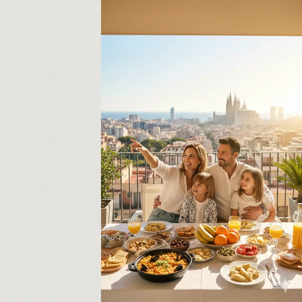 一张展现西班牙护照生活优势的温馨写实图。画面展示了一家人在巴塞罗那明媚阳光下的露台上享受阳光和地中海美食，背景是圣家堂的远景。画面色彩明亮饱和，强调高品质的医疗、教育和生活福利。左侧留有少量留白以适应文字排版，风格清新自然，充满了对未来欧洲公民生活的向往。