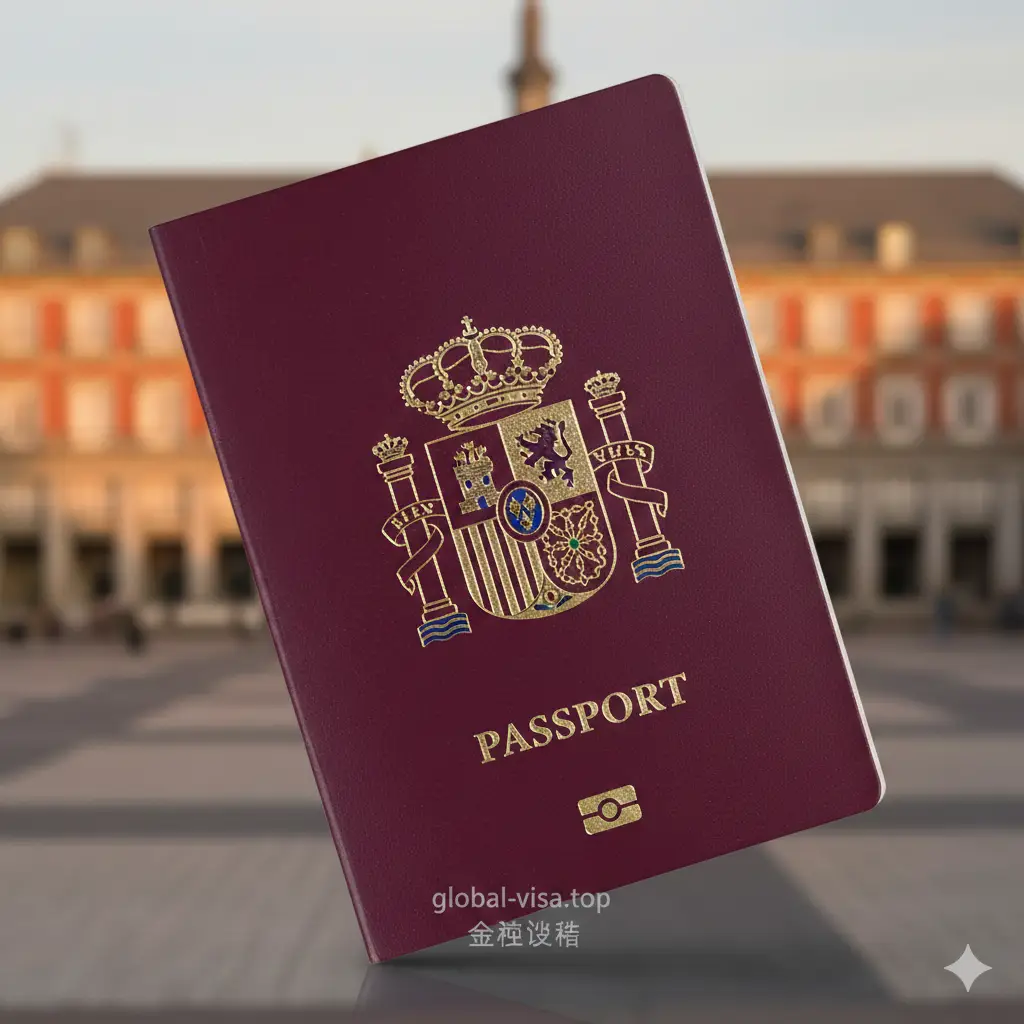 一张极具质感的西班牙护照特写图片。画面中央是一本勃艮第红色的西班牙护照，封面上醒目的金色国徽和'PASAPORTE'文字闪耀着金属光泽。背景是模糊的马德里马约尔广场建筑缩影，光线温暖柔和。构图采用对角线分布，整体风格高端且极具吸引力，传递出身份规划的权威感。