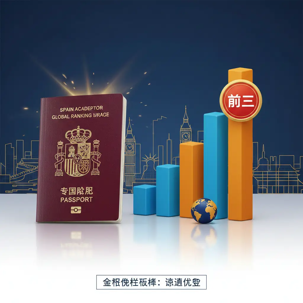 一张对比优势图，重点展示西班牙护照的全球排名。采用现代化的数据可视化风格，画面左侧是西班牙护照，右侧是上升的3D阶梯或柱状图，顶部标有‘Top 3’字样。背景融入了代表中国长城、美国自由女神像、英国大本钟的剪影，体现其广泛的免签范围。色彩使用活力的西班牙红与金黄色点缀，极具视觉冲击力。