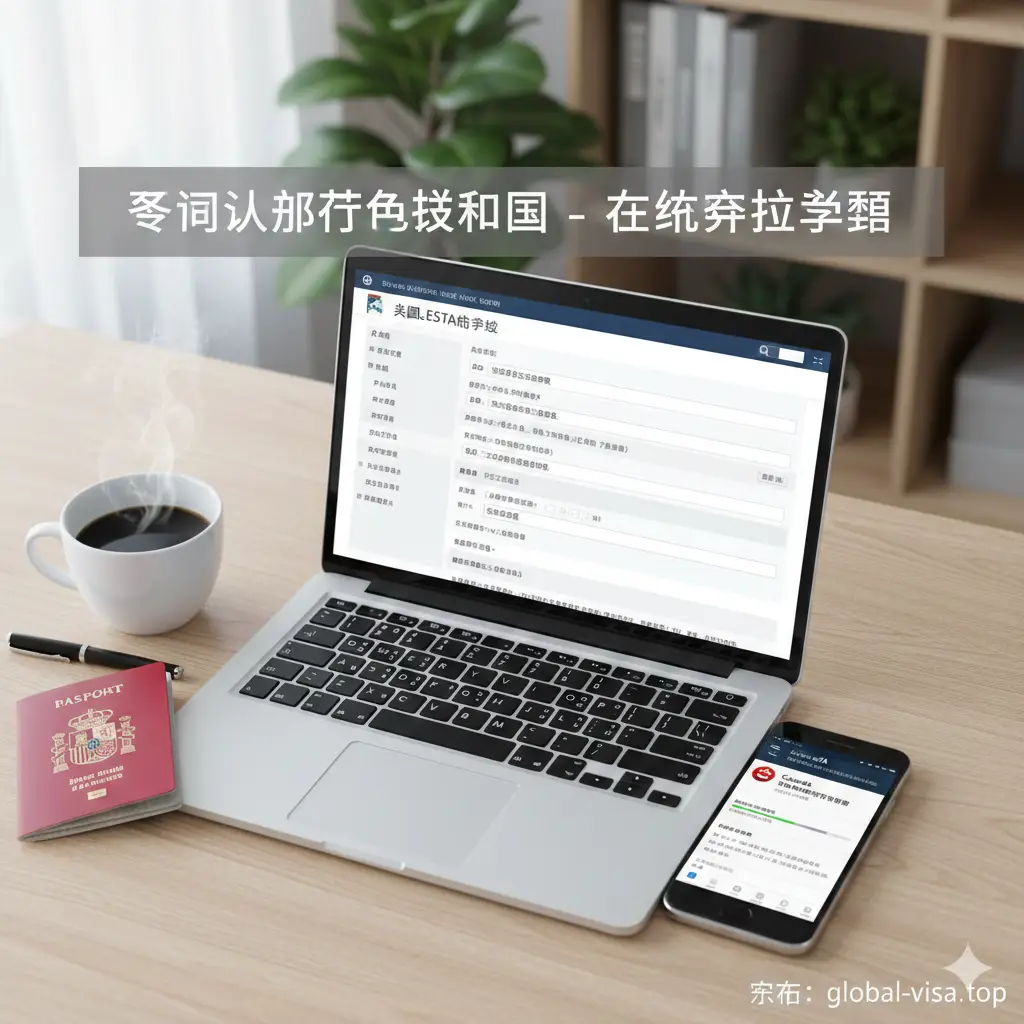 针对文章中提到的美国ESTA和加拿大eTA申请的教程示意图。画面近景是一台打开的笔记本电脑和一部智能手机，屏幕上显示着整洁的电子签证申请表单界面。旁边放着西班牙护照，笔和咖啡杯。构图采用俯拍视角，光线自然明亮，旨在营造一种简单、易操作的办理流程氛围，帮助读者理解在线授权的便捷性。