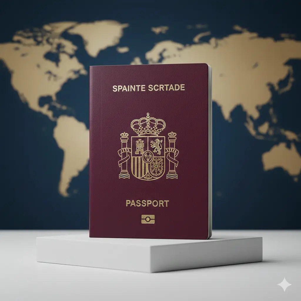 一张极具质感的大气封面图。画面中央是一本暗红色的西班牙护照，封面上的金色纹章在光线下熠熠生辉。护照放置在极简主义风格的白色底座上，背景是模糊处理的世界地图，色调以优雅的藏青色和香槟金为主。构图采用中心对称法，光影柔和且富有高级感，传递出西班牙护照作为全球通行证的高端价值感。