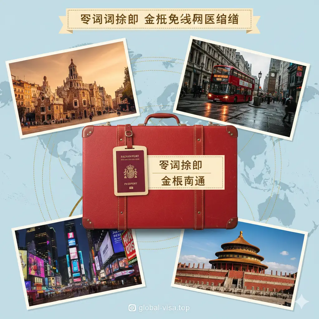 总结性图片，展示多元化的全球旅行场景。画面由多张明信片风格的照片拼贴而成，包含巴塞罗那建筑、伦敦街头、纽约夜景和北京天坛。中心位置是一个精美的红色行李箱，上面挂着西班牙护照样式的行李牌。整体色彩丰富且和谐，构图平衡，传达出‘拥有西班牙护照，世界触手可及’的圆满总结感。