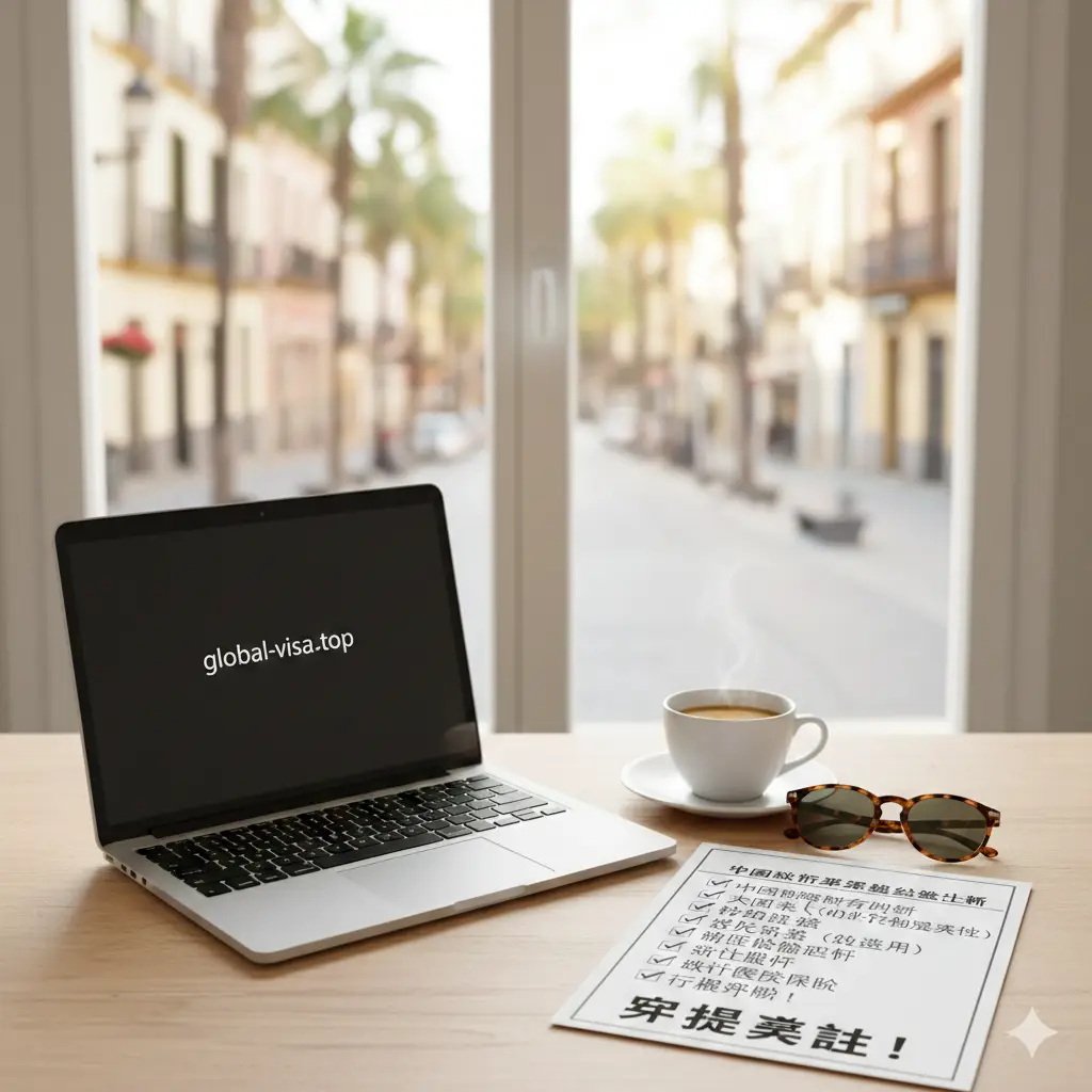 一张充满生活气息的总结性图片。桌面俯视图视角,一个极简风格的笔记本电脑旁放置着一杯咖啡、一副太阳镜,以及一份打好勾的Checklist清单。清单上隐约可见‘Insurance’、‘Flight’、‘Green Card’等关键词。背景透出窗外西班牙街景的虚化影子。整体色调温馨、明亮,给人一种准备就绪、即将开启美好旅程的轻松愉悦感。